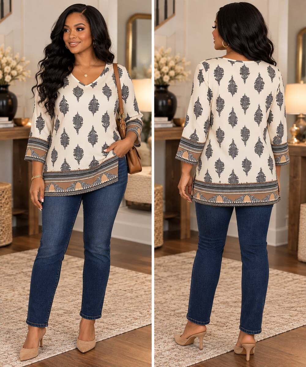 Boho Chic Paisley Tunic Blouse Neutral Ornate Border Print Petite Charter Club